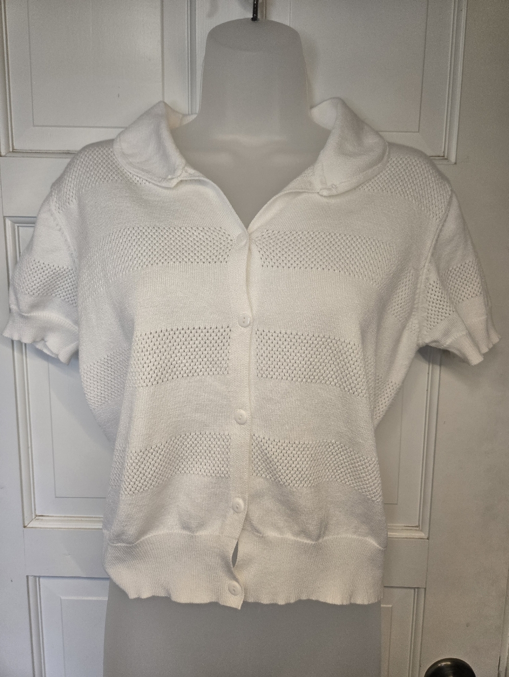 Cream Short-Sleeve Knit Cardigan Sweater - Picture 2 of 8